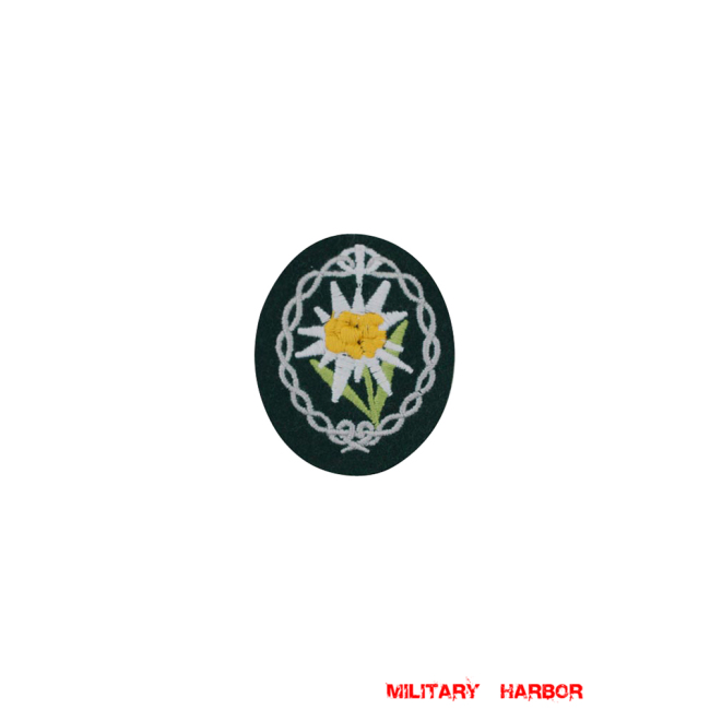 WWII German heer mountain troops edelweiss sleeve insignia early model WW2 german badge,wehrmacht badge,Luftwaffe badge,SS badge,heer mountain troops edelweiss sleeve insignia,german badge WWII,militaria german,WWII german,wehrmacht badge,Luftwaffe badge,SS badge,WWII military surplus,WWII german insignia,german sleeve badge,SS Trade Insignia