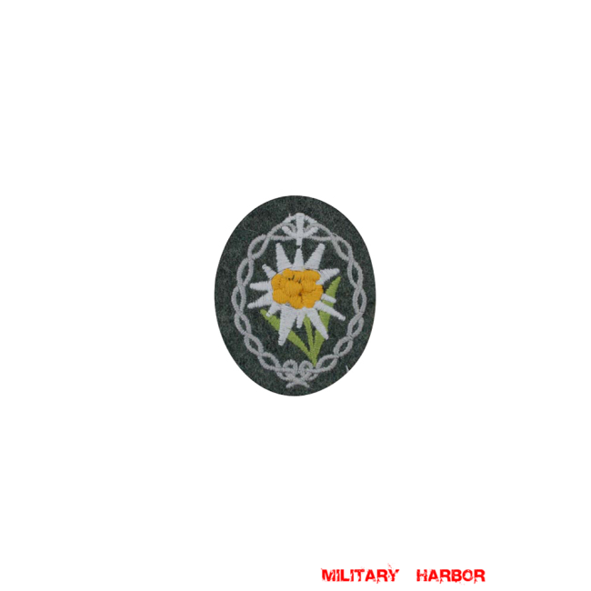 WWII German heer mountain troops edelweiss sleeve insignia later model WW2 german badge,wehrmacht badge,Luftwaffe badge,SS badge,heer mountain troops edelweiss sleeve insignia,german badge WWII,militaria german,WWII german,wehrmacht badge,Luftwaffe badge,SS badge,WWII military surplus,WWII german insignia,german sleeve badge,SS Trade Insignia