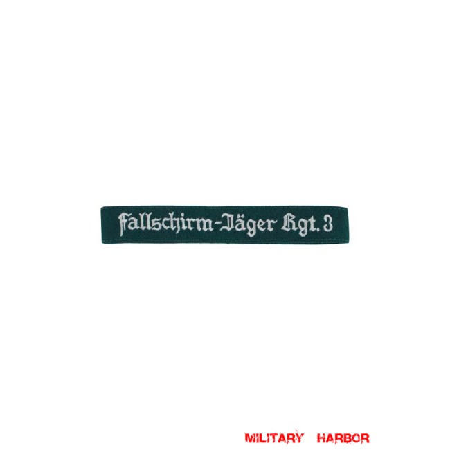 WWII German Luftwaffe Fallschirmjäger Rgt.3 EM dark green backing cuff title WW2 German badge,wehrmacht cufftitle,Luftwaffe cufftitle,SS cufftitle,Luftwaffe Fallschirmjager Rgt.3 cuff title,WW2 German cufftitle,German insignia,WW2 German,WWII German,waffen ss insignia,WW2 reproduction,WWII German militaria