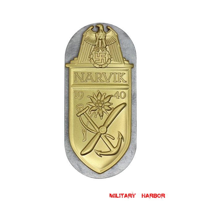 WWII German Narvik Shield in Gold WW2 german medal,SS insignia,Imperial German badge,german badge,campaign shield,german medals WWII,german insignia,WW2 german medals,WW2 medals,WW2 order,german order,German Battle Shields