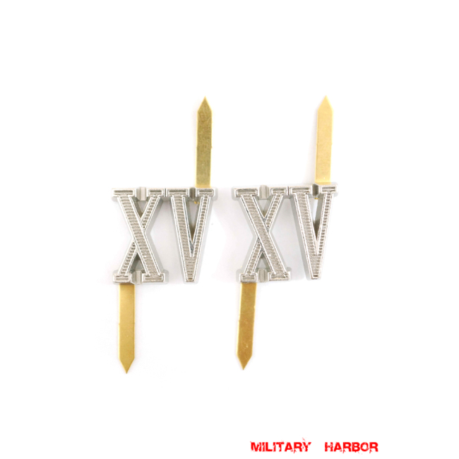 WWII German Shoulder Boards Cyphers Silver XV Light Div. 18mm 2pcs German Metal Cyphers,WW2 german,waffen SS,wehrmacht,Shoulder Boards,german cyphers,german badge WWII,militaria german,WWII german,wehrmacht badge,Luftwaffe badge,SS badge,german sleeve eagle,german eagle badge,ss eagle,wehrmacht badge,WWII military surplus,WWII german insignia,shoulderboards insignia,shoulderboards cyphers,shoulderboards pin,shoulderboards badge