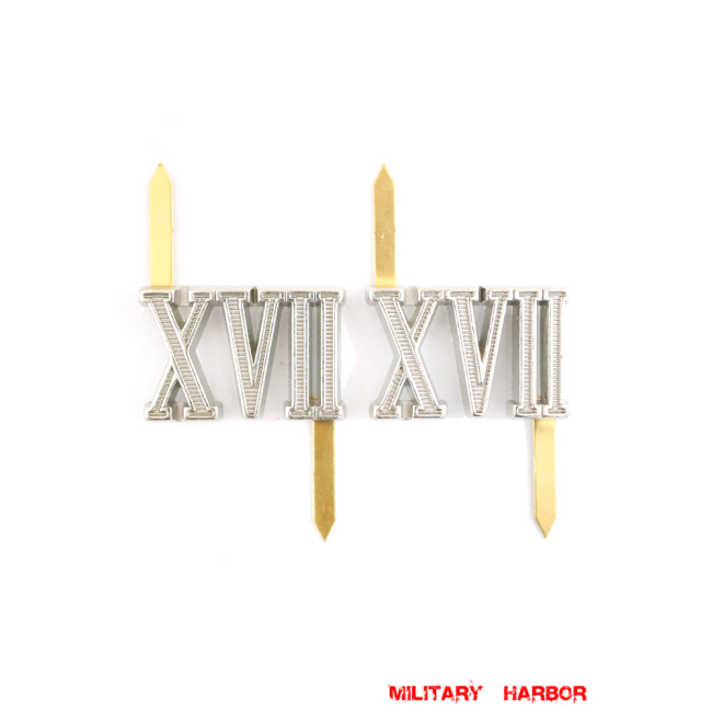 WWII German Shoulder Boards Cyphers Silver XVII VIenna 18mm 2pcs German Metal Cyphers,WW2 german,waffen SS,wehrmacht,Shoulder Boards,german cyphers,german badge WWII,militaria german,WWII german,wehrmacht badge,Luftwaffe badge,SS badge,german sleeve eagle,german eagle badge,ss eagle,wehrmacht badge,WWII military surplus,WWII german insignia,shoulderboards insignia,shoulderboards cyphers,shoulderboards pin,shoulderboards badge