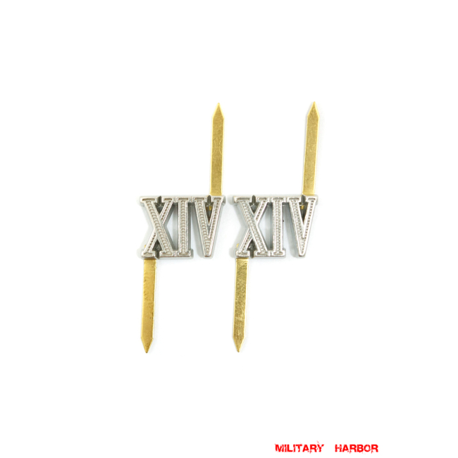 WWII German Shoulder Boards Cyphers Silver XIV Motorized Infantry Div. 13mm 2pcs German Metal Cyphers,WW2 german,waffen SS,wehrmacht,Shoulder Boards,german cyphers,german badge WWII,militaria german,WWII german,wehrmacht badge,Luftwaffe badge,SS badge,german sleeve eagle,german eagle badge,ss eagle,wehrmacht badge,WWII military surplus,WWII german insignia,shoulderboards insignia,shoulderboards cyphers,shoulderboards pin,shoulderboards badge